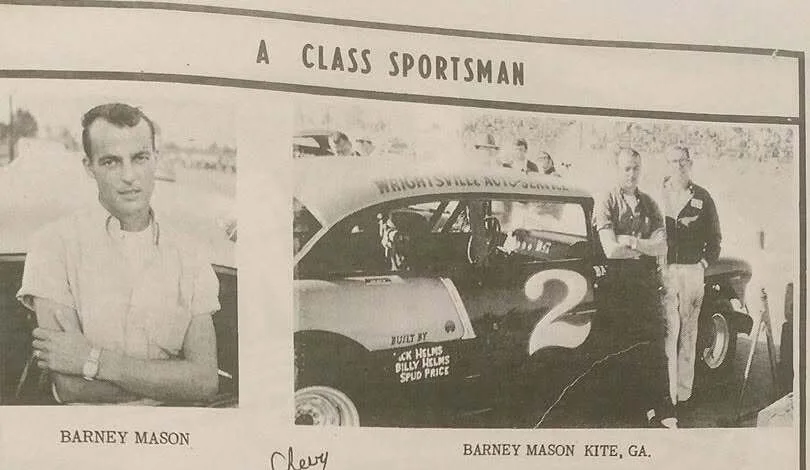 Race program page: A Class Sportsman, Barney Mason of Kite, Georgia, beside his #2 Wrightsville Auto Service Chevy